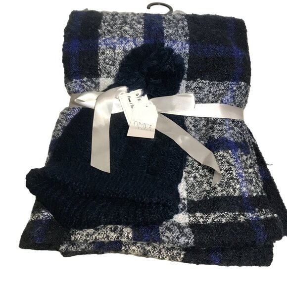 Time And Tru Womens  Black/Blue Plaid Scarf & Black Knit Pom-Pom Beanie Set - Picture 1 of 6